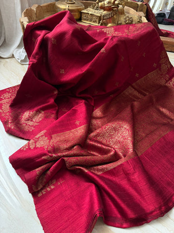 Pure Handloom Border Less Tussar Raw Silk Banarasi Saree