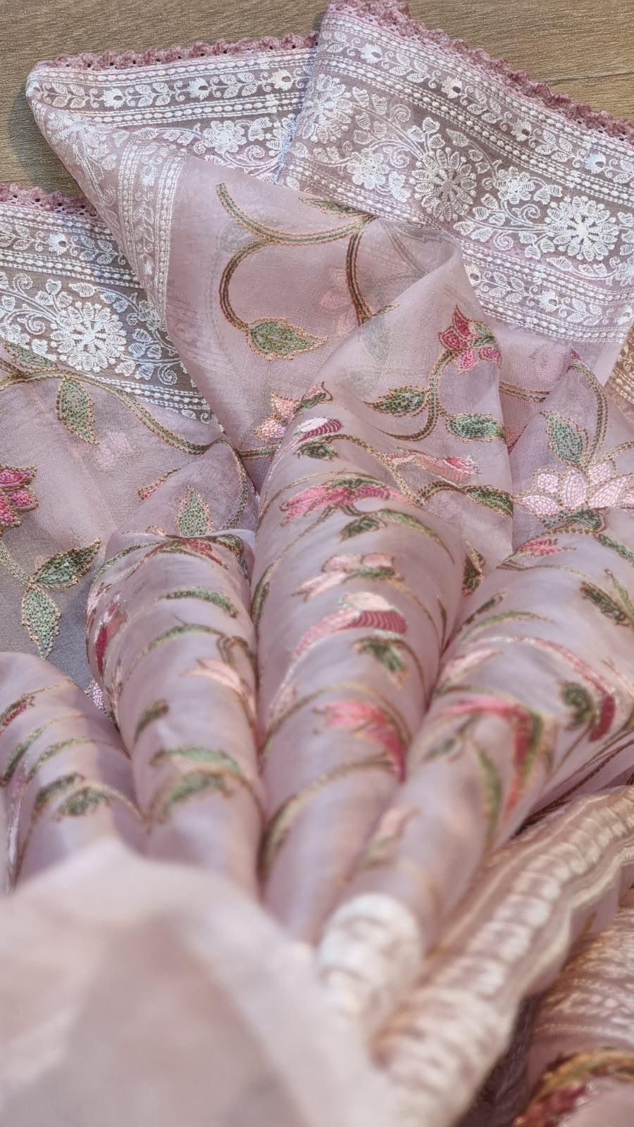 Pure Organza Silk Saree With Katha Machine Chikankari , Border with velvet lace