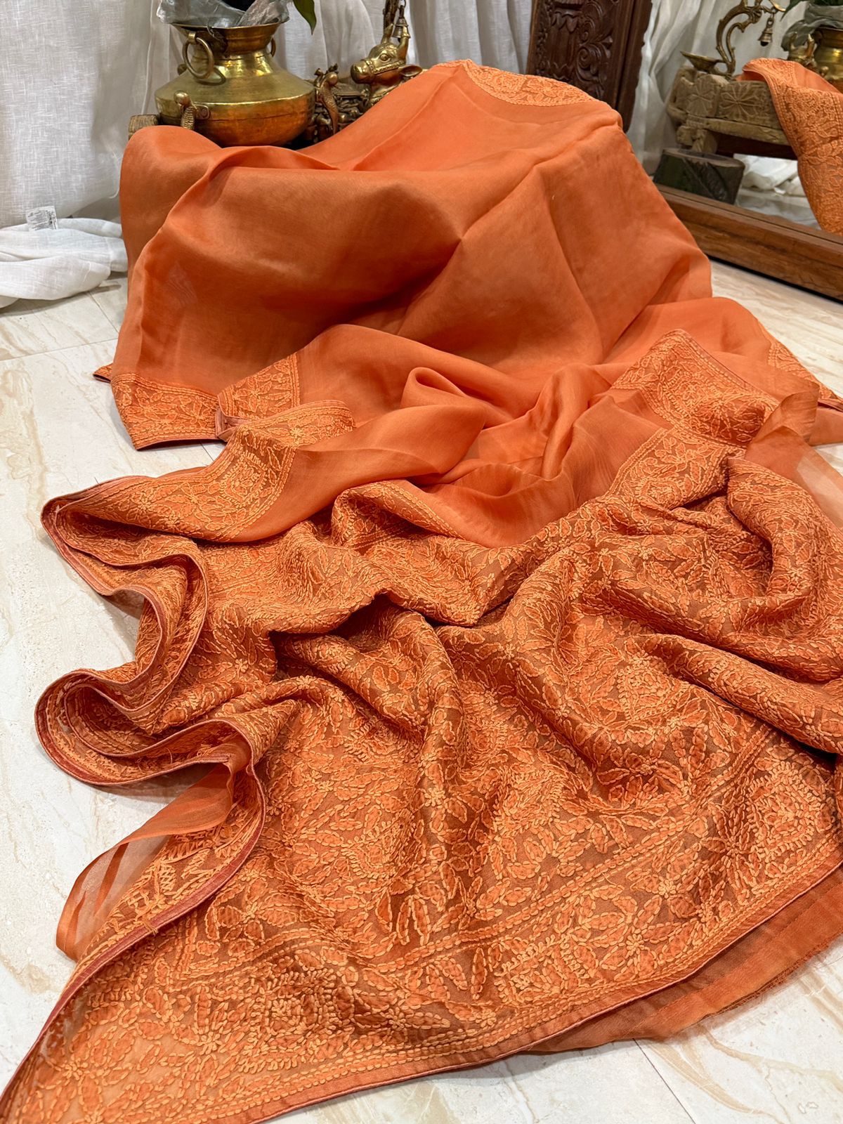 Organza Silk Saree With Chikankari Work