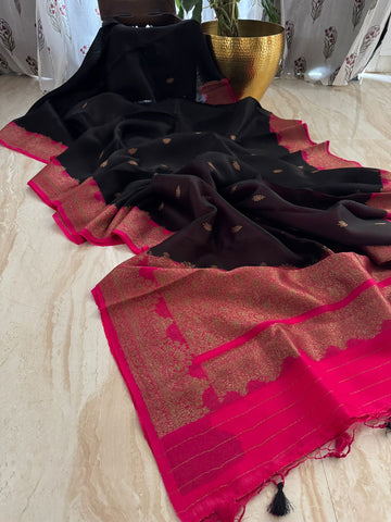 Pure Handloom Kora Banarasi Saree With Kadua Weave Zari