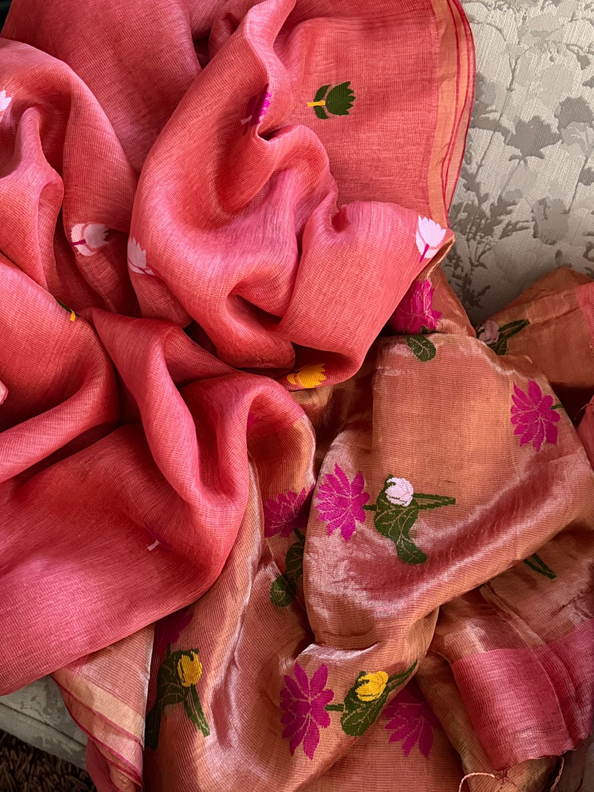 Pure Handloom Linen Tissue Silk Saree With Jamdani Weave