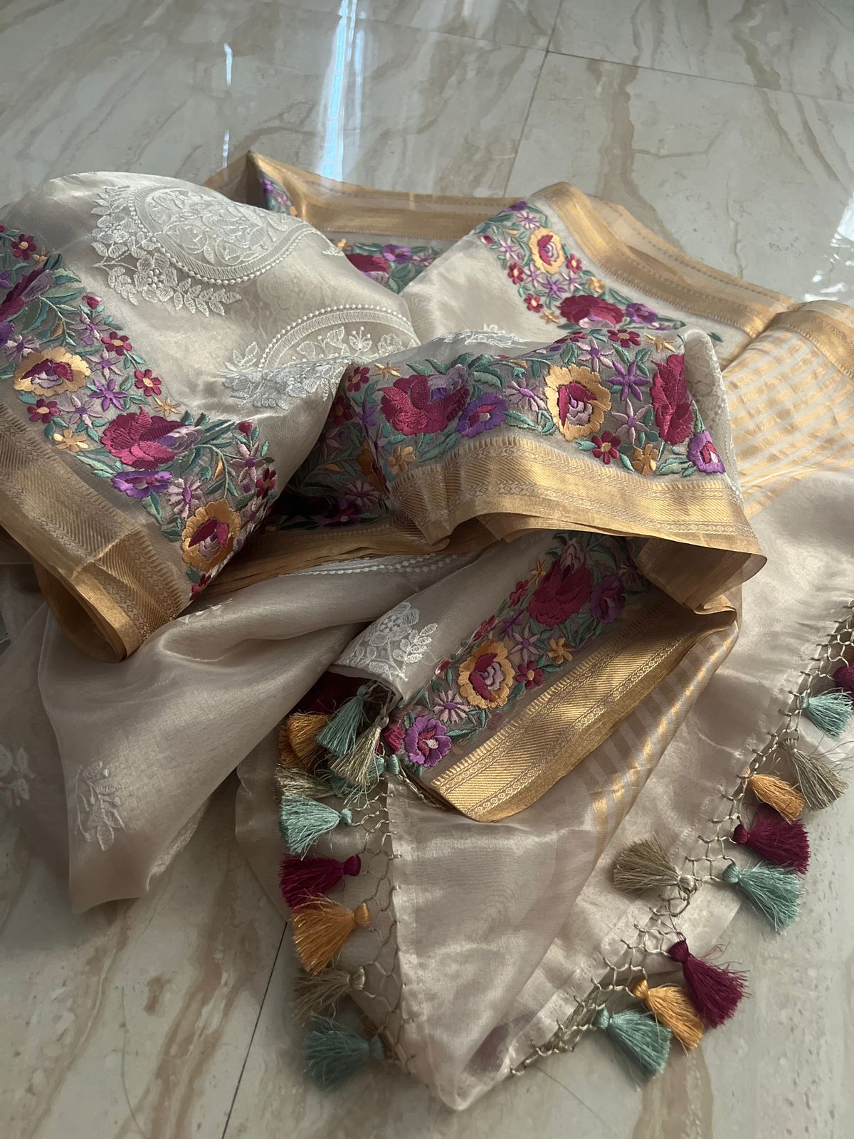 Pure Tissue Silk Parsi Border Chikankari Embroidery Saree