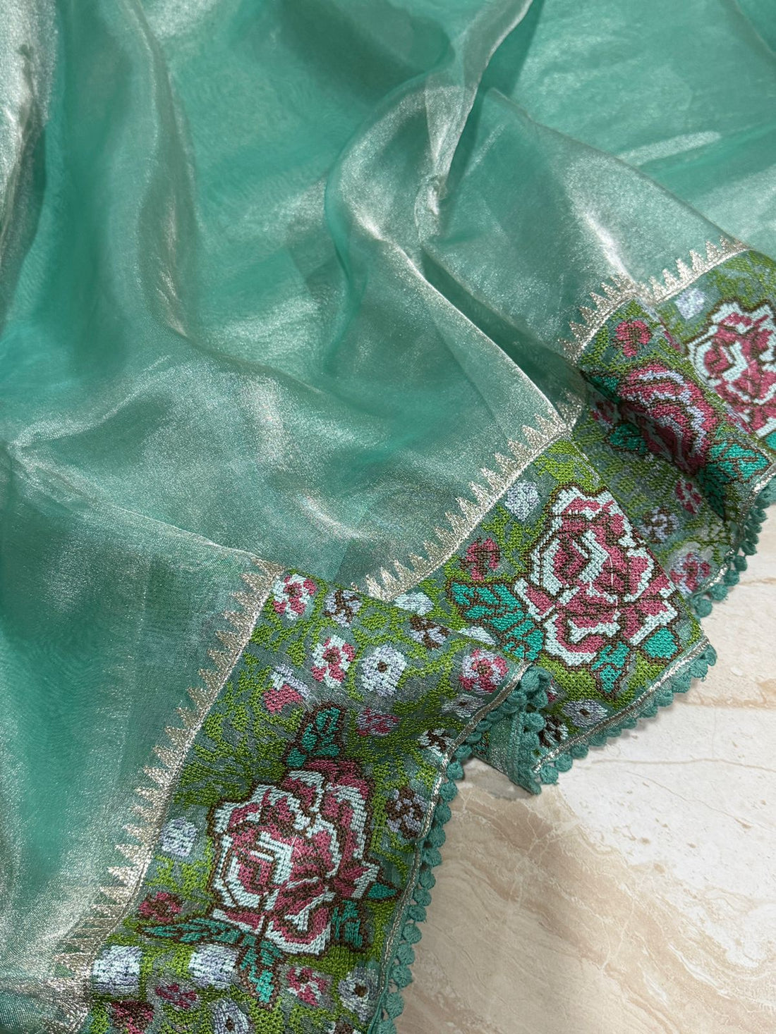 Banarasi Soft Tissue Silk Saree With Cross Stitch Embroidery Border