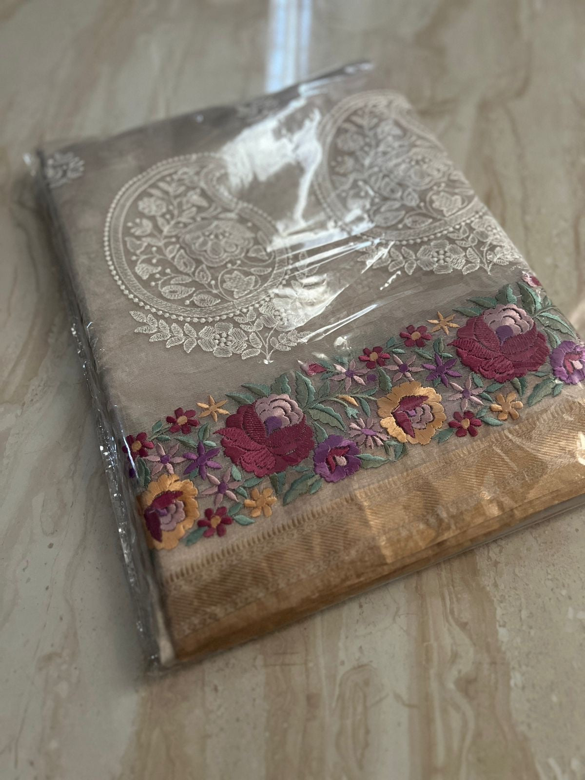 Pure Tissue Silk Parsi Border Chikankari Embroidery Saree