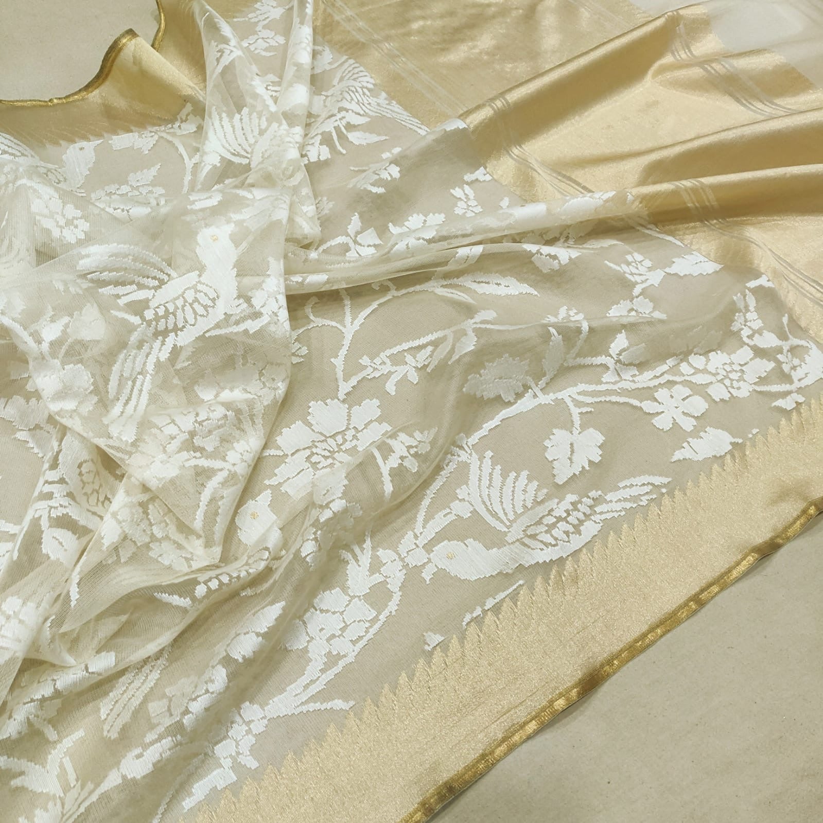 Pure Kora Net Banarasi Saree with White Resham Jaal & Bird Motifs