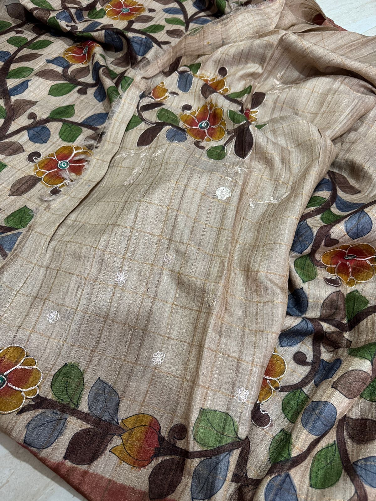 Pure Ghachi Tussar Silk Saree with Handbrush Kalamkari & Aari Work