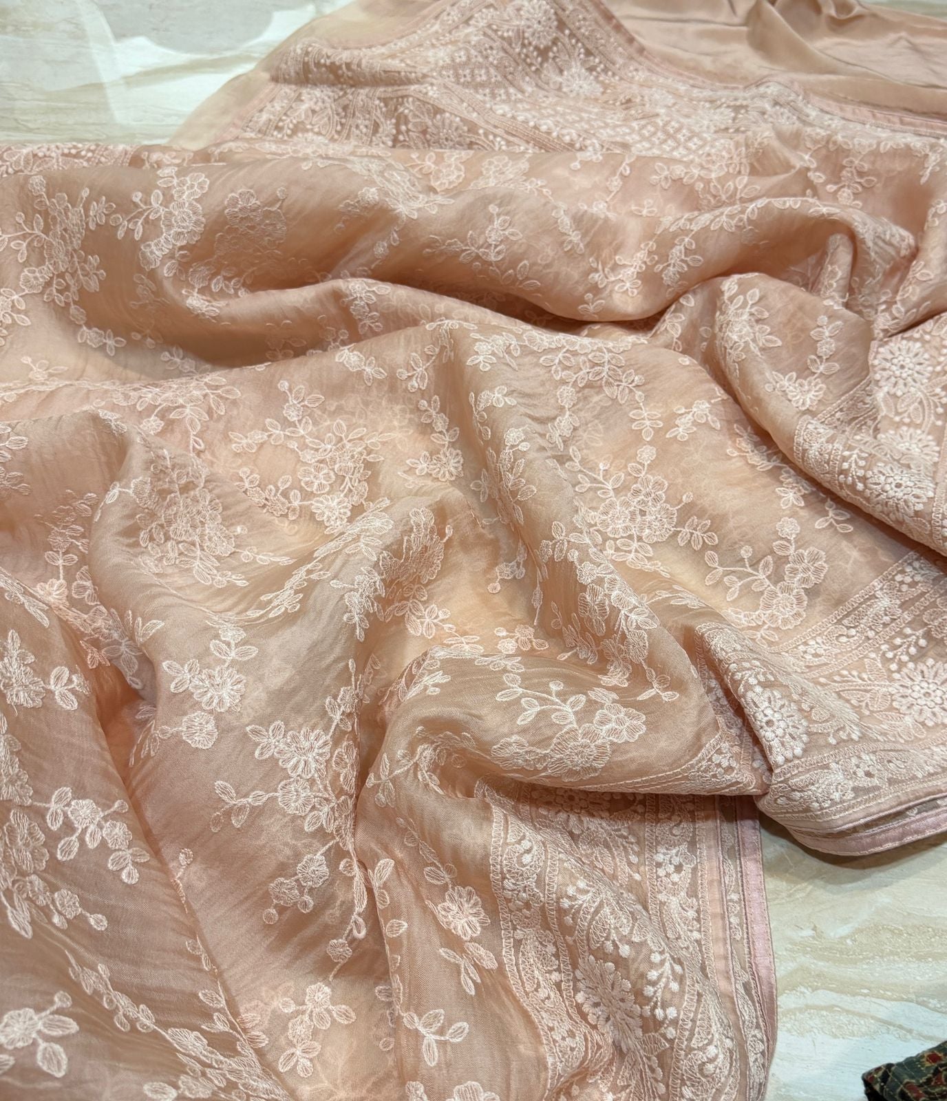 Pure Organza Sik Saree With Machine Embroidery Chikankari Work All Over