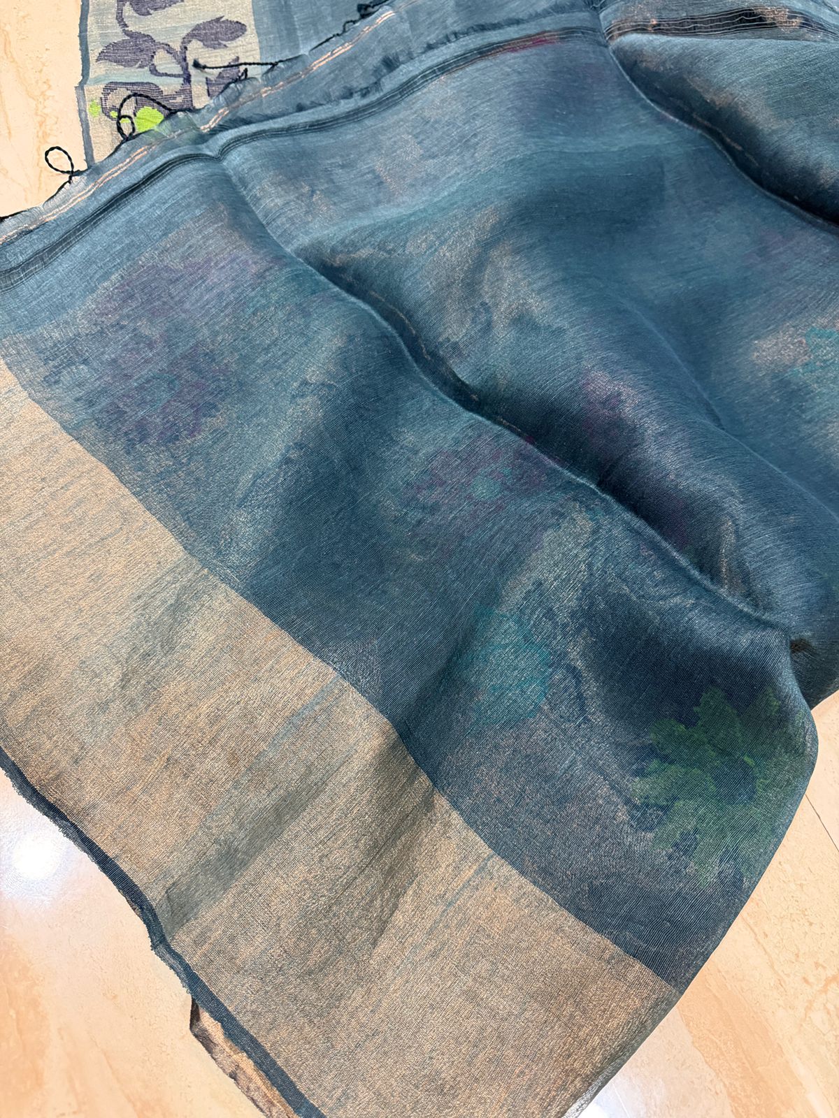 Pure Linen Silk Tissue Border and Pallu Saree With Jamdani Paithani Weave