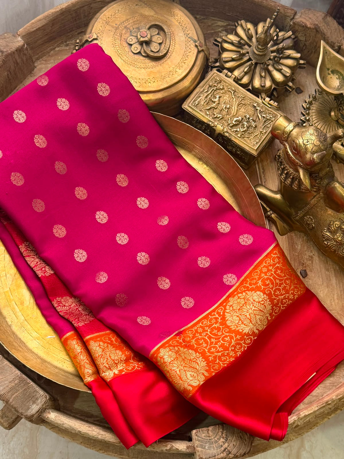 Mysore Brocade Crepe Silk Saree with Zari Weave | 3-Color Dye