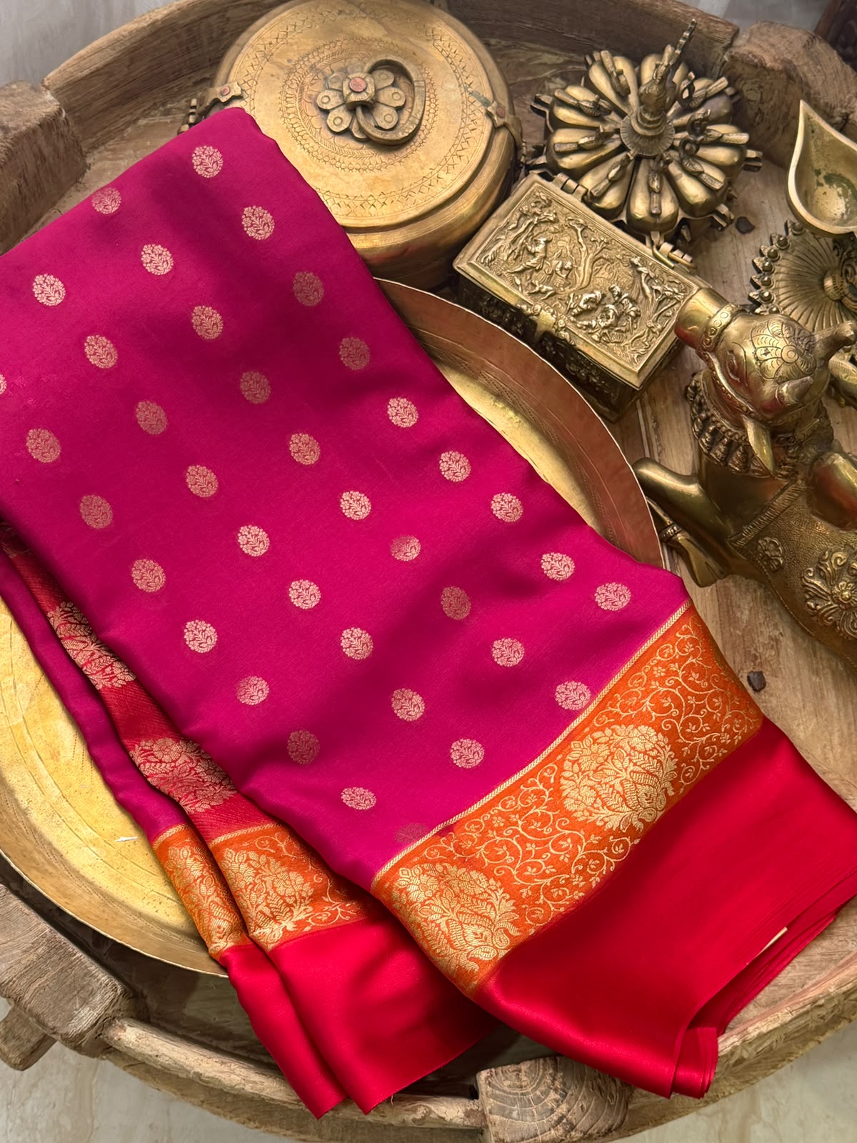 Mysore Brocade Crepe Silk Saree with Zari Weave | 3-Color Dye
