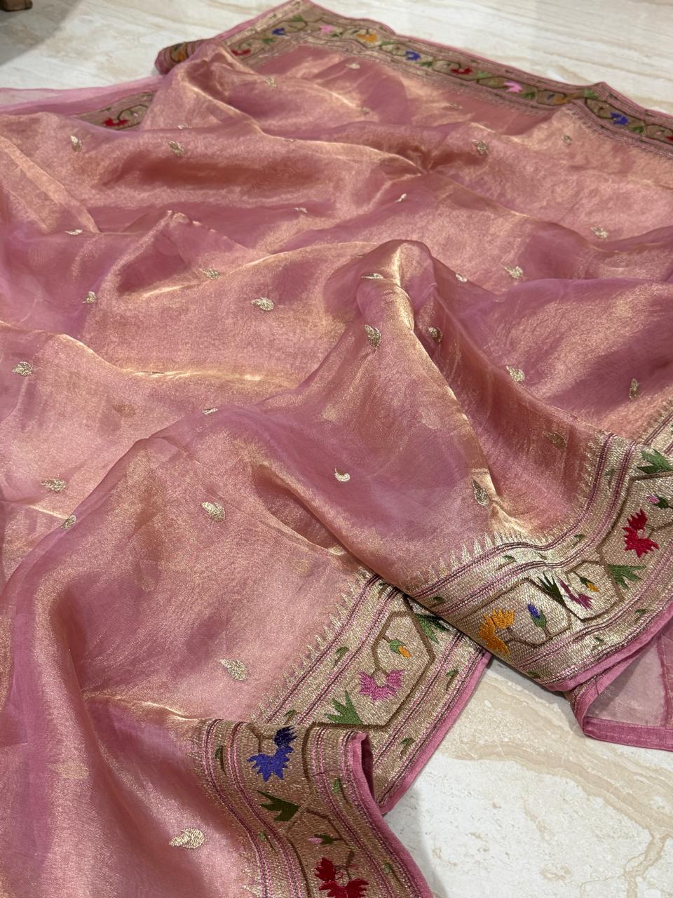 Premium Soft Tissue Silk Saree With Paithani Embroidery Border