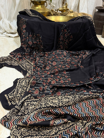 Pure Modal Silk Saree Hand Block Ajrakh Print