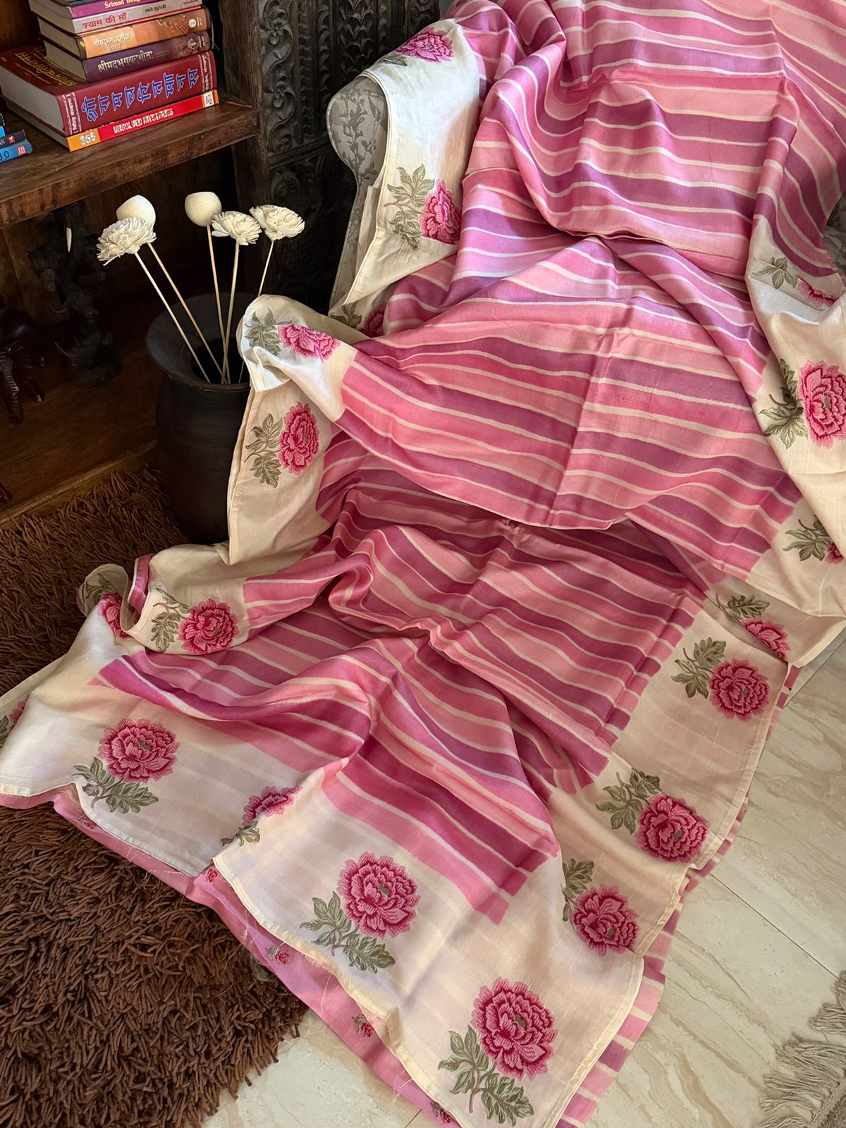 Tussar Silk Hand Brush Dye Saree with Cross Stitch Embroidery Buta