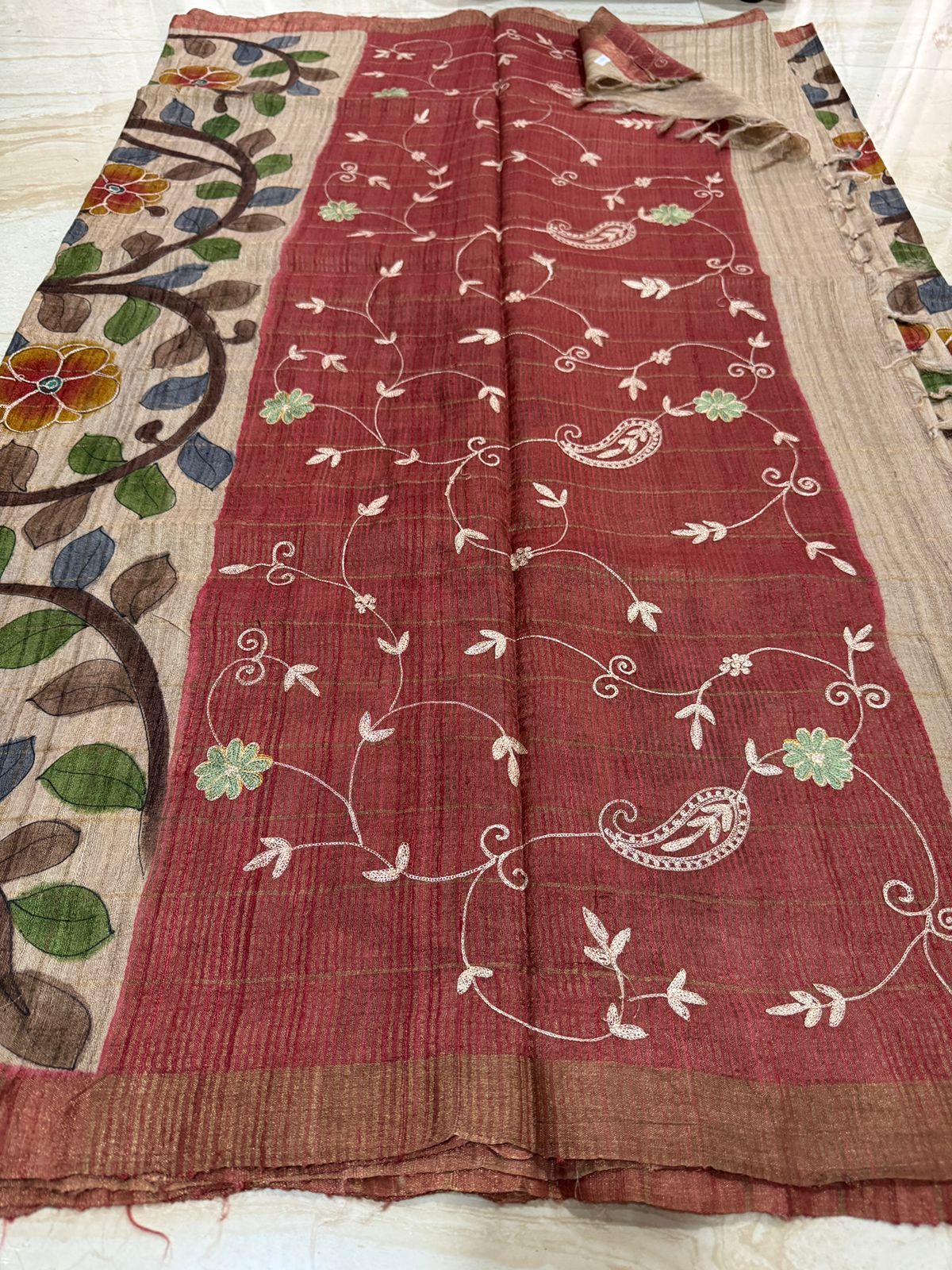 Pure Ghachi Tussar Silk Saree with Handbrush Kalamkari & Aari Work