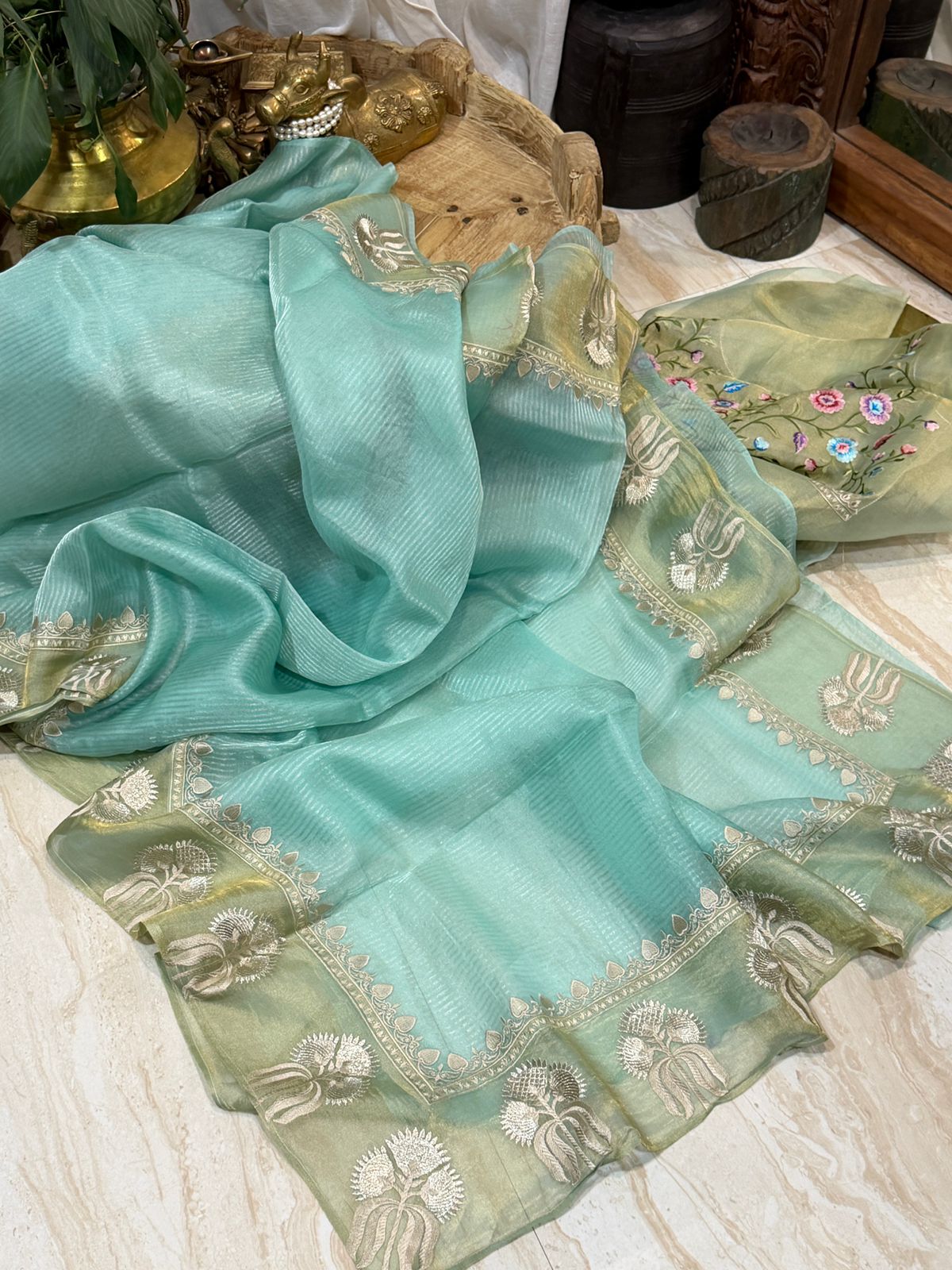 Banarasi Soft Tissue Silk Saree With Embroidery Border & Embroidery Blouse Piece