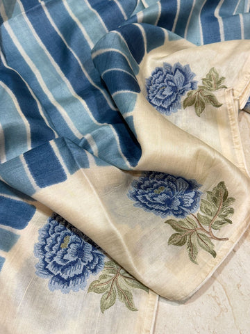 Tussar Silk Hand Brush Dye Saree with Cross Stitch Embroidery Buta