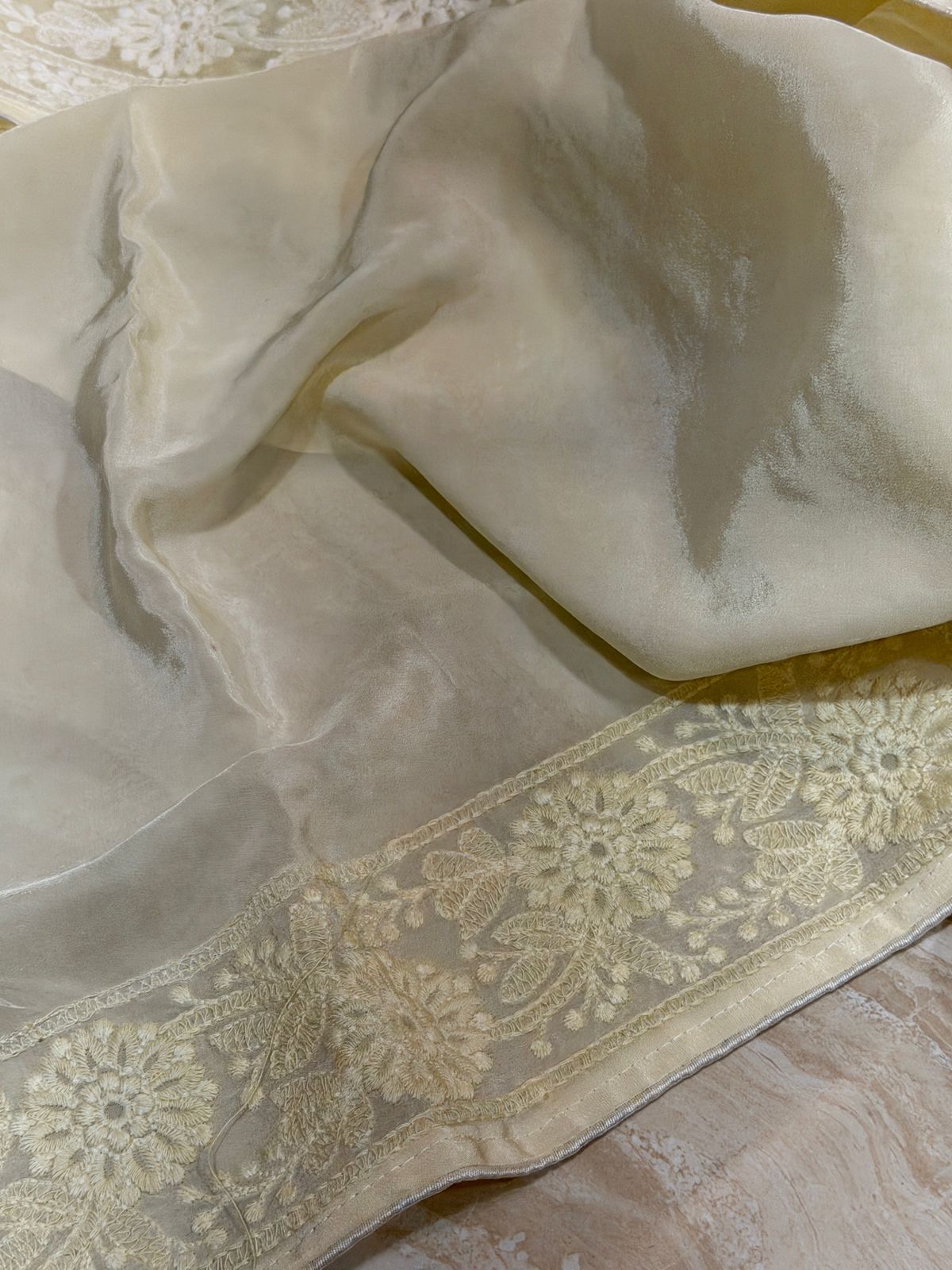 Pure Organza Sik Saree With Machine Embroidery Chikankari Work All Over