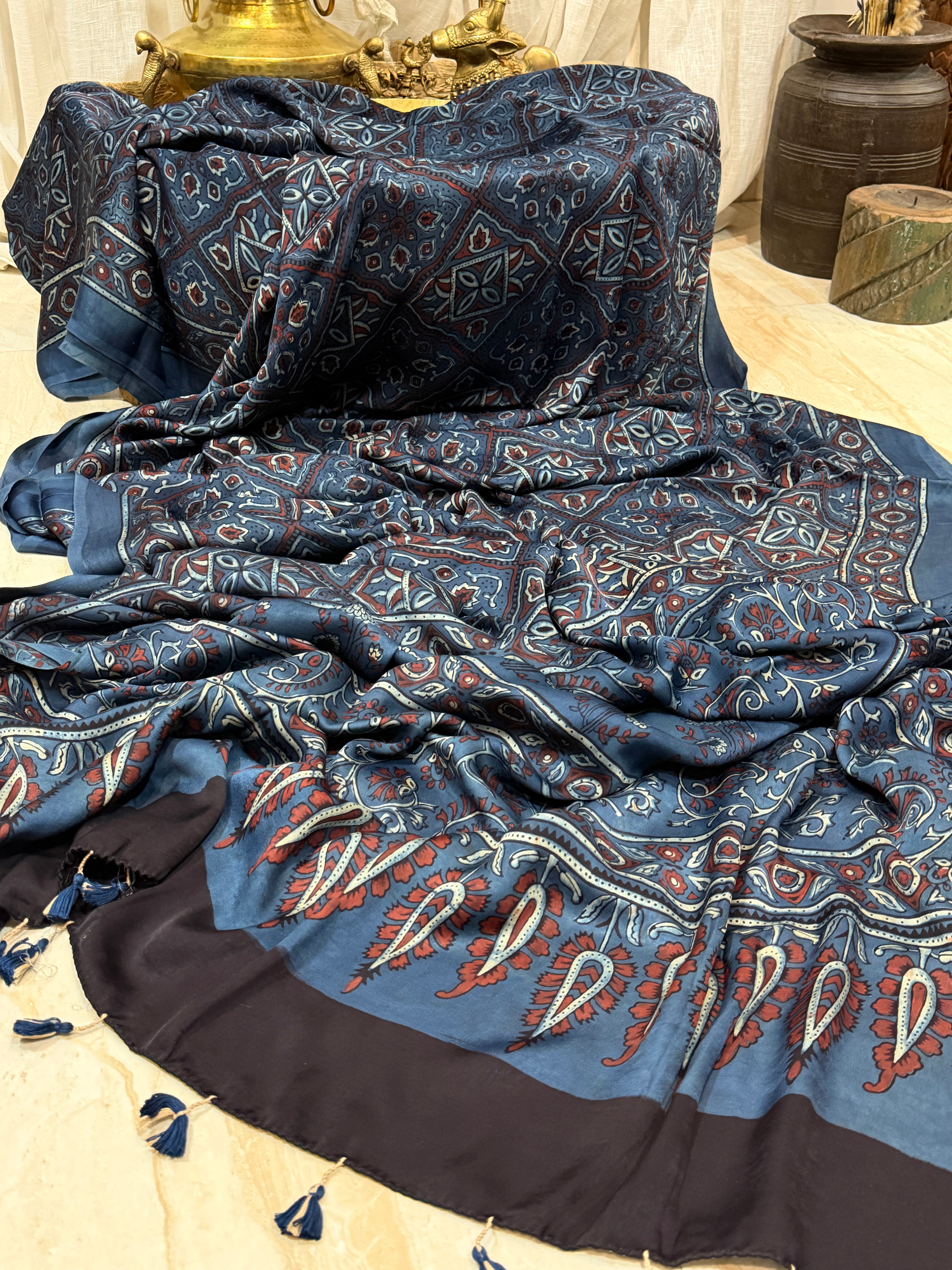 Pure Modal Silk Saree Hand Block Ajrakh Print