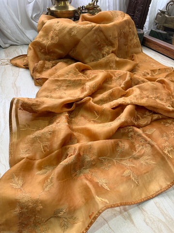 Pure Organza Saree With Machine Embroidery All Over