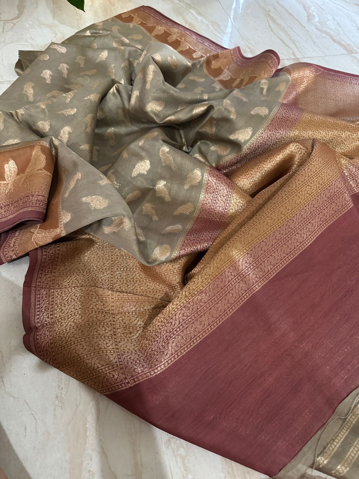 Banarasi Handloom Moonga Saree with Zari Weave
