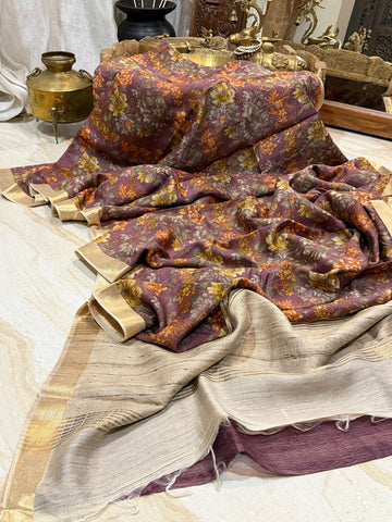 Banarasi Munga Digital Print Saree With Ghachi Tussar Pallu