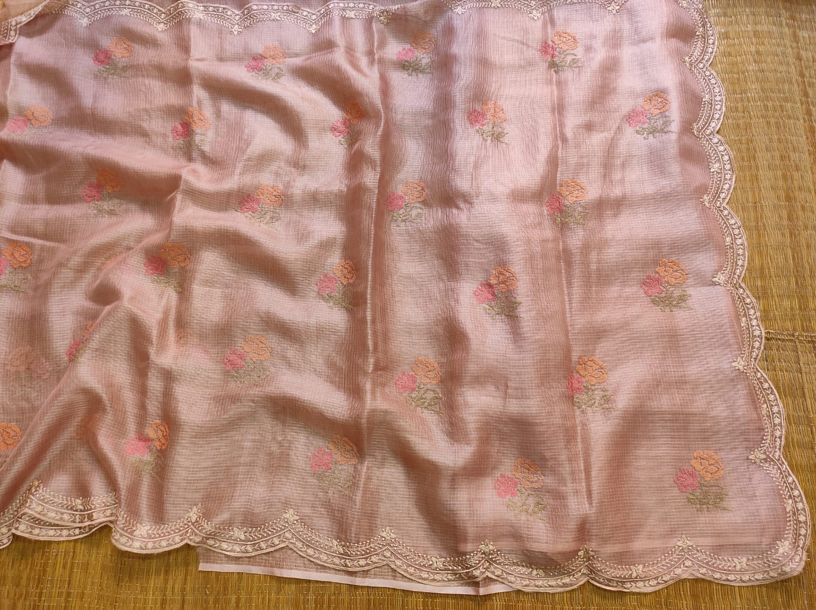 Pure Tussar Kota Silk Saree With Cross-Stitch Buta Embroidery All Over