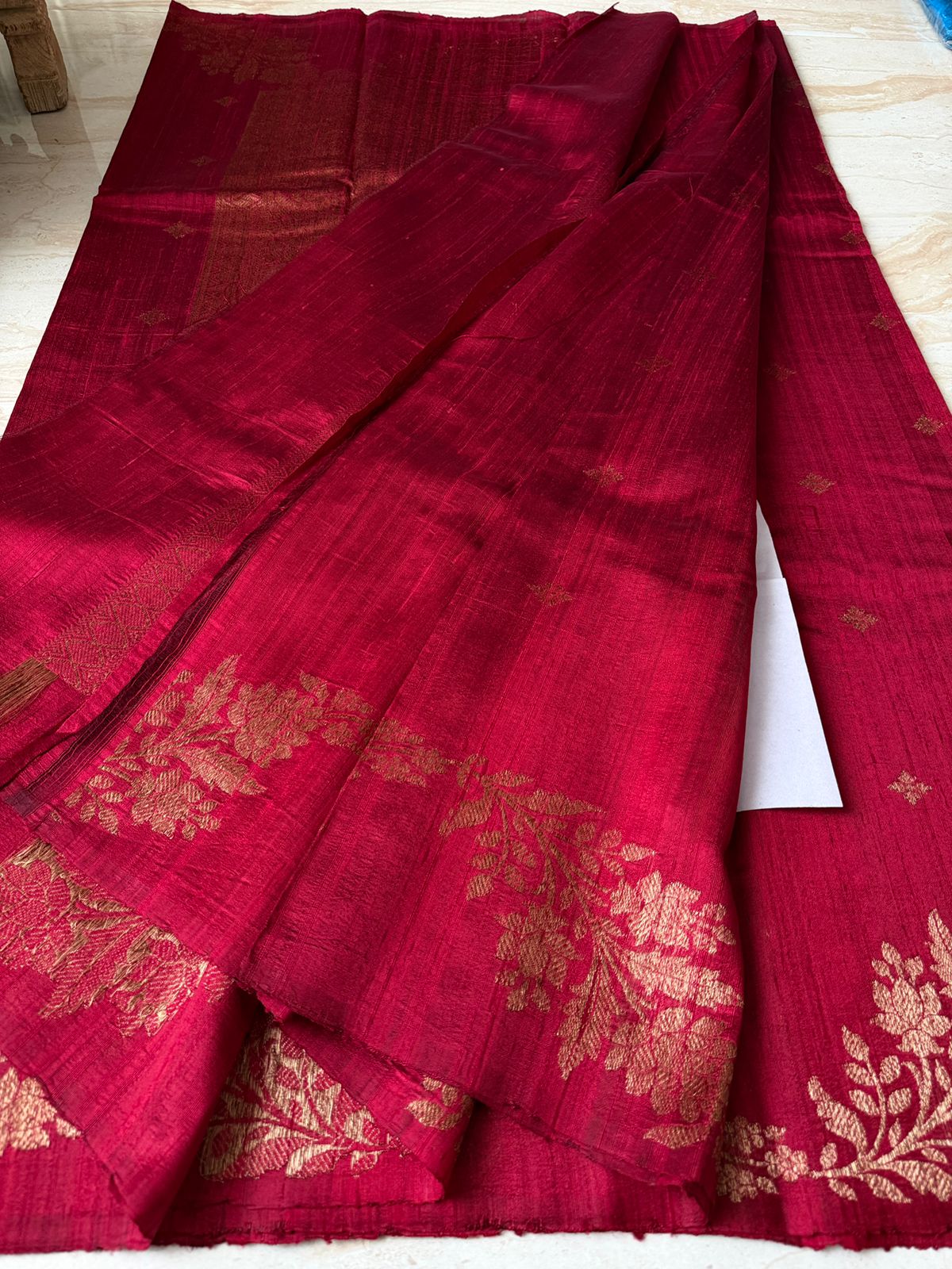 Pure Handloom Border Less Tussar Raw Silk Banarasi Saree
