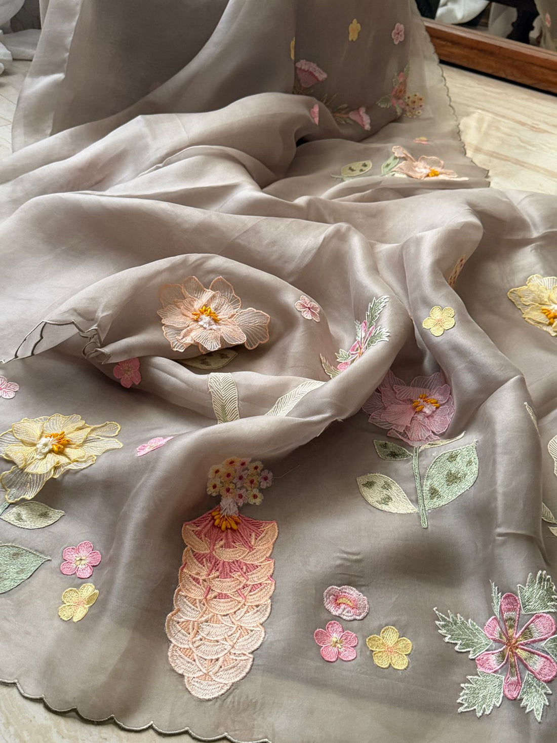 Organza Silk Saree With Appliqué Work With Embroidery