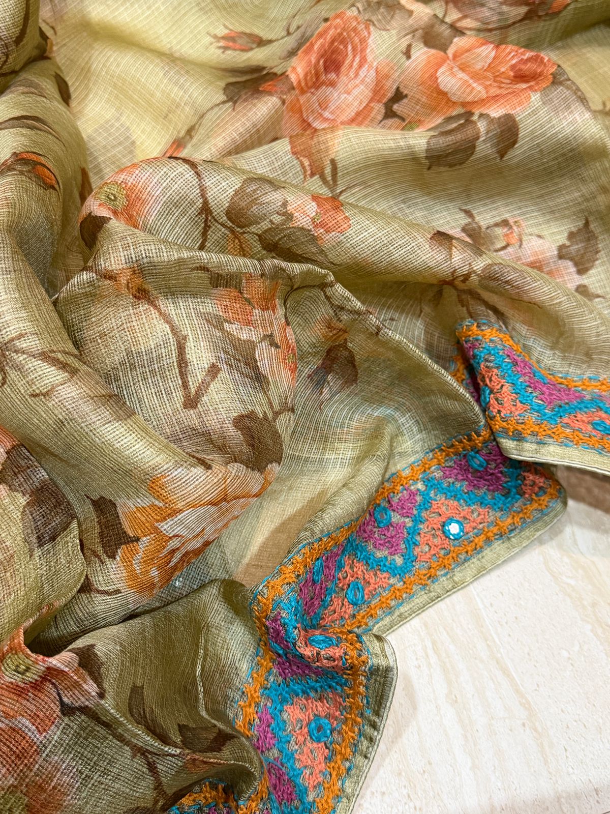 Pure Tussar Kota Digital Print Saree With Kutch Hand Embroidery Work