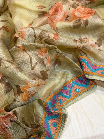 Pure Tussar Kota Digital Print Saree With Kutch Hand Embroidery Work