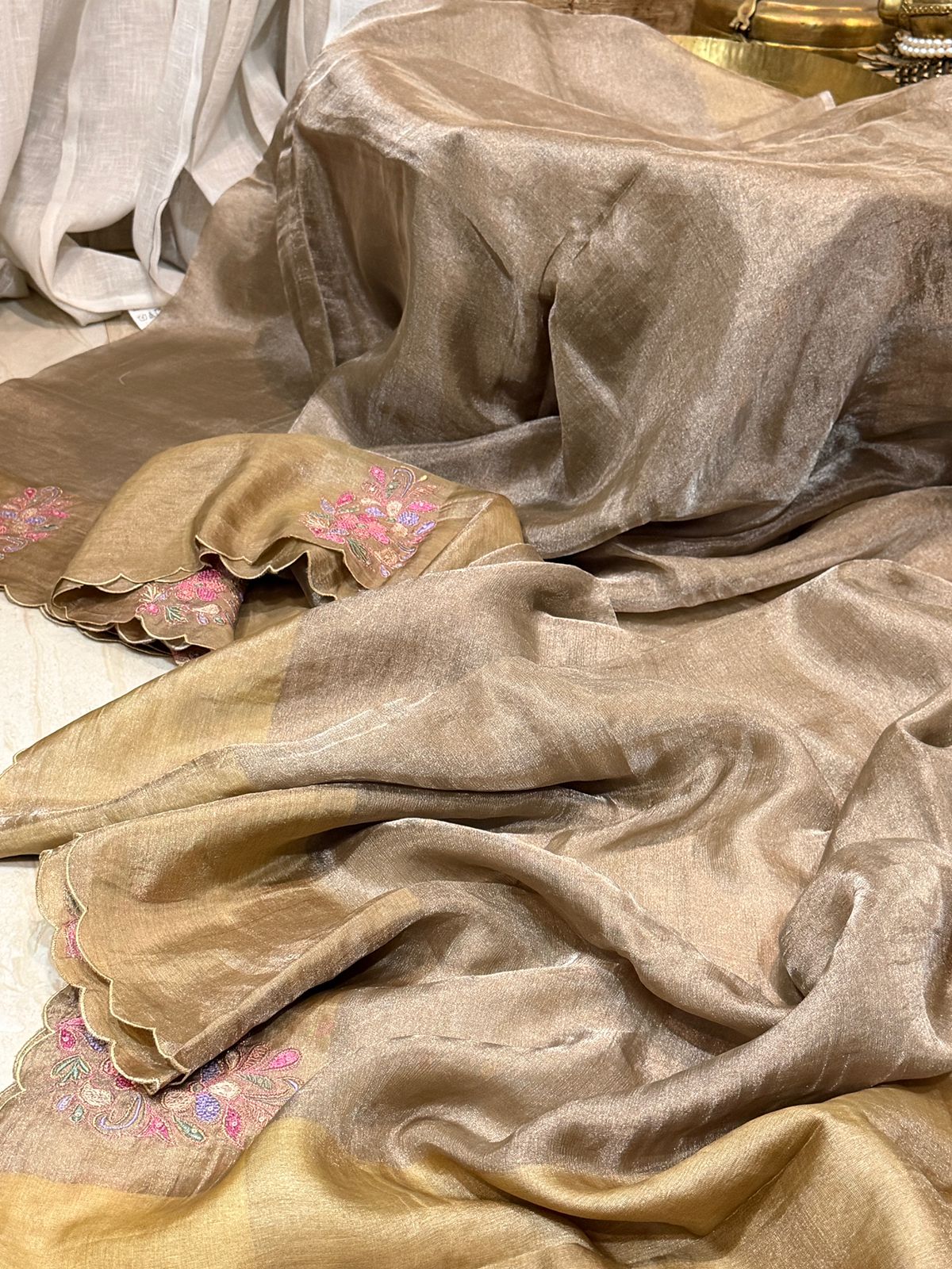 Tissue Soft Silk Saree With Embroidery Butta On Border