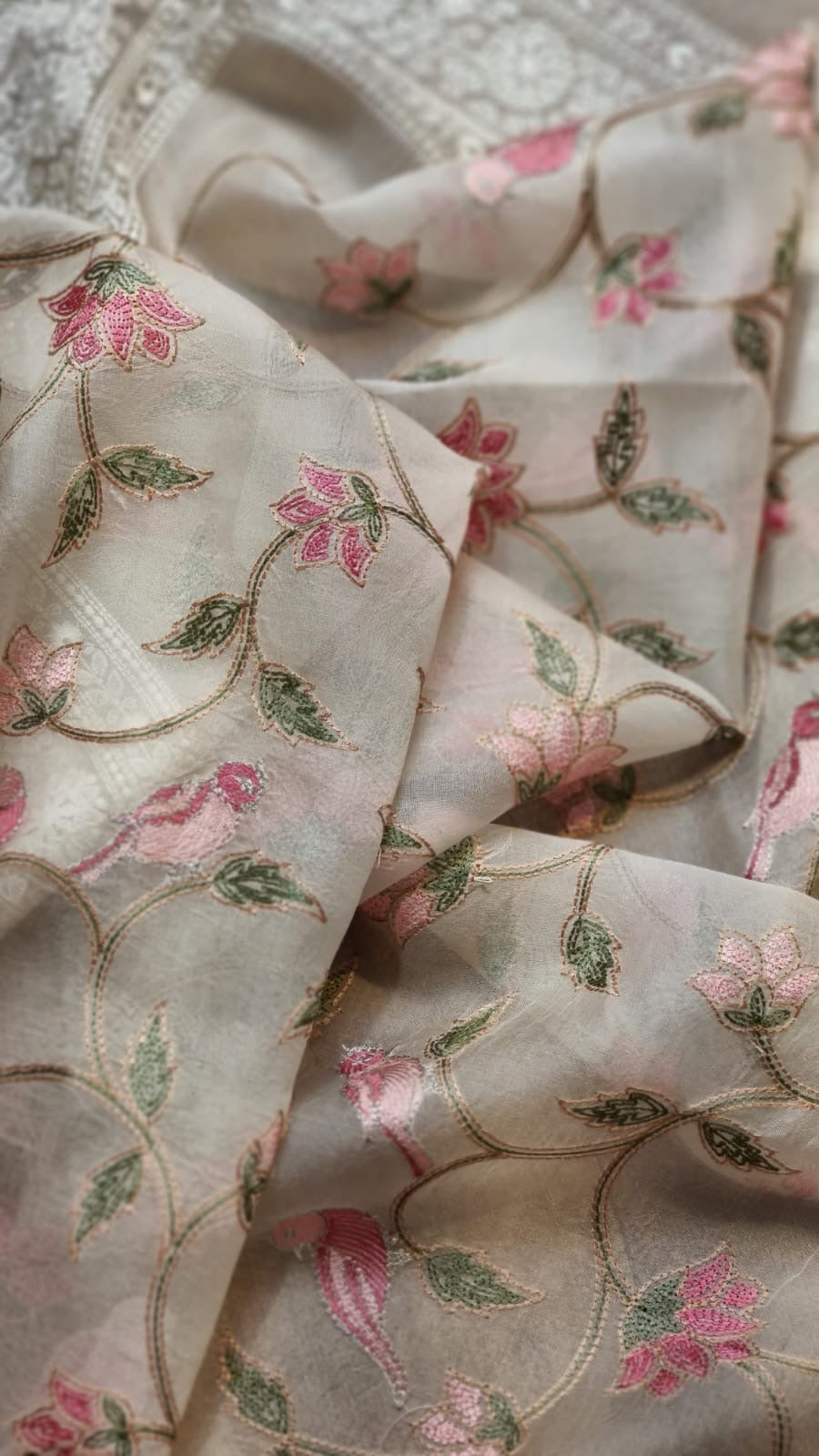Pure Organza Silk Saree With Katha Machine Chikankari , Border with velvet lace