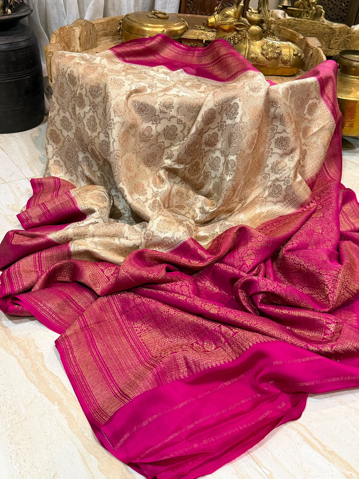 Pure Mysore Brocade Crepe Silk Saree With Antiq Zari Weave