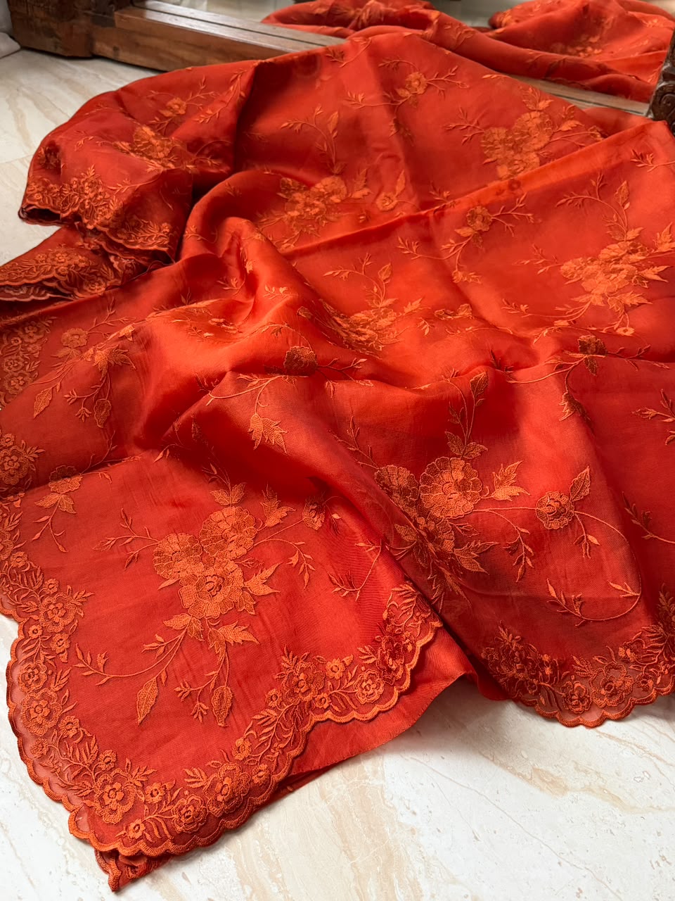 Pure Organza Silk Saree With Machine Embroidery All Over