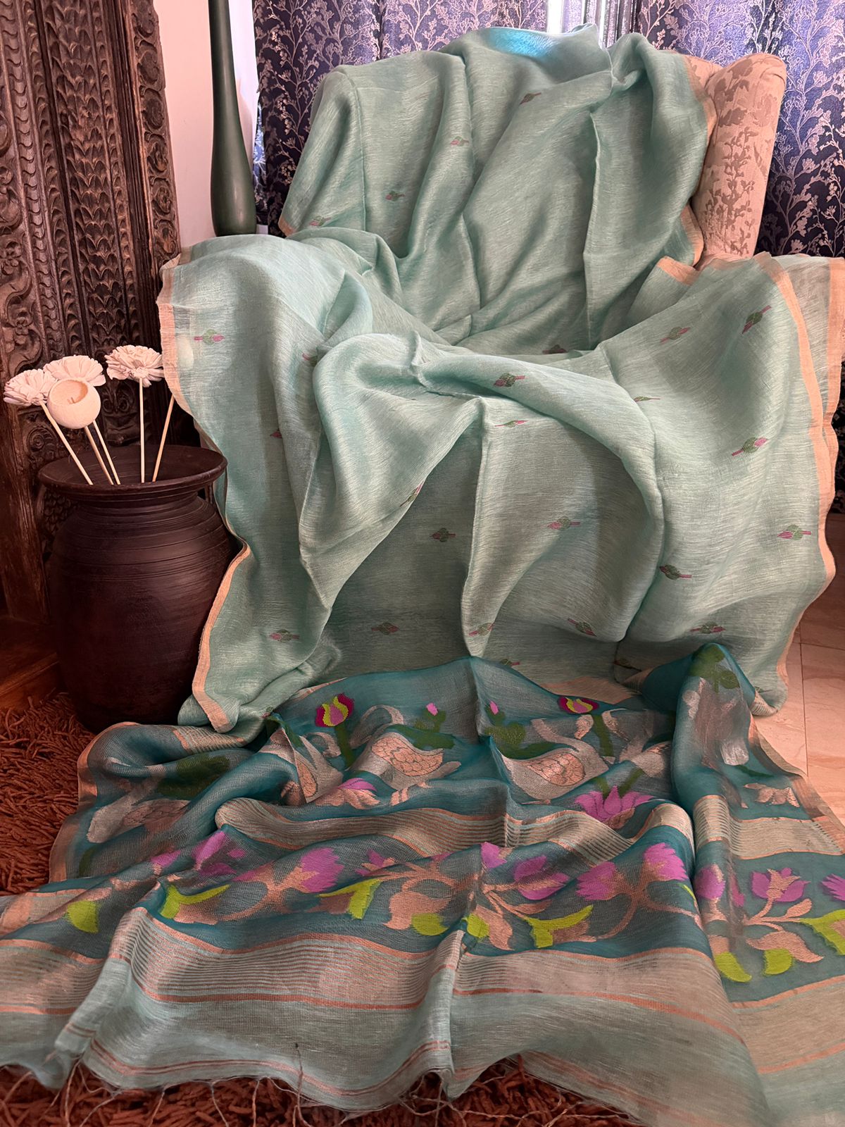 Pure Handloom Linen Tissue Silk Saree With Jamdani Weave