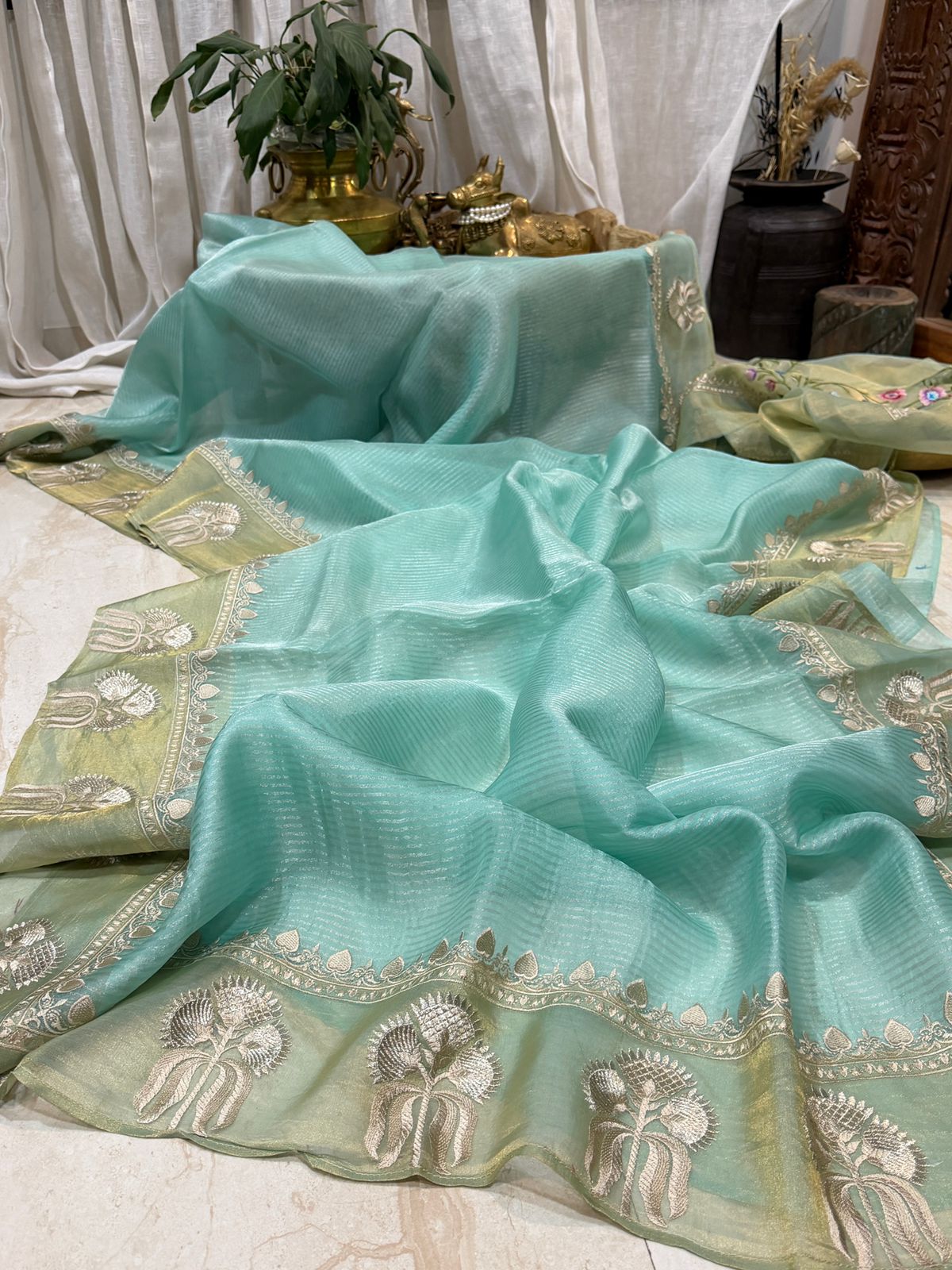 Banarasi Soft Tissue Silk Saree With Embroidery Border & Embroidery Blouse Piece