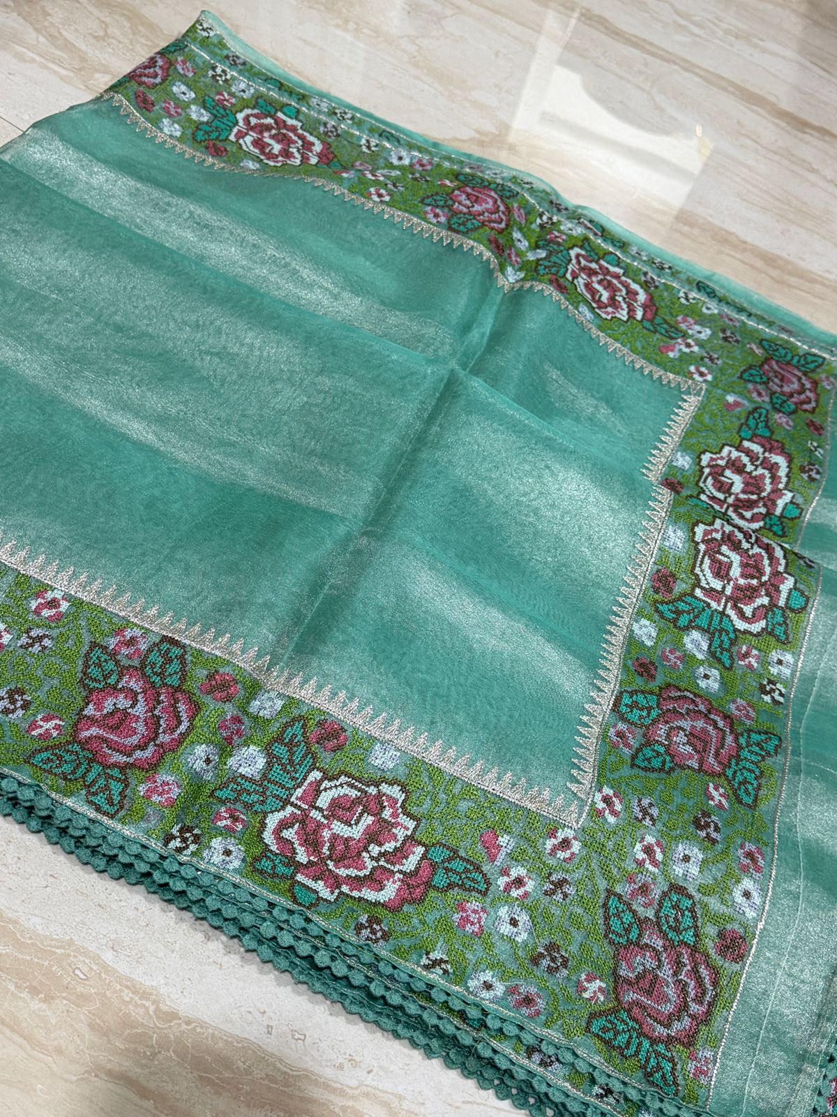 Banarasi Soft Tissue Silk Saree With Cross Stitch Embroidery Border