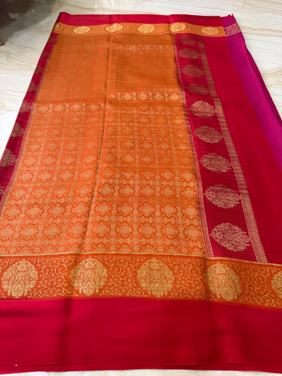 Mysore Brocade Crepe Silk Saree with Zari Weave | 3-Color Dye