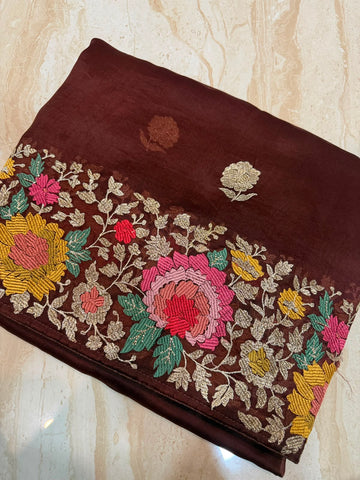 Pure Organza Silk Saree With Machine Embroidery
