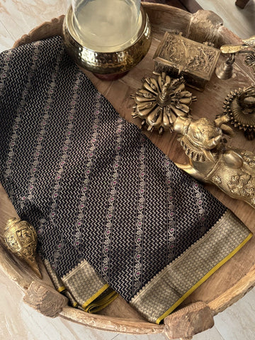 Pure Mysore Brocade Crepe Silk Saree With Meenakari Weave