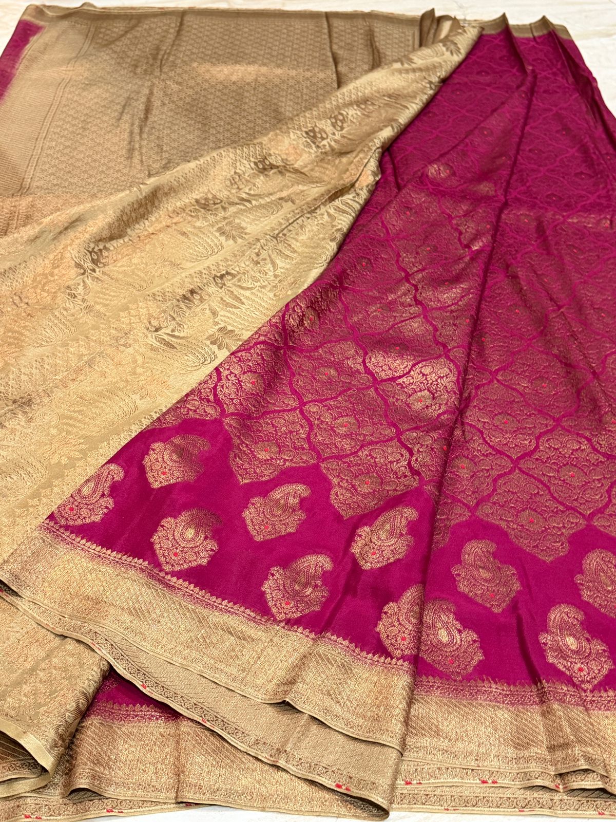 Pure Mysore Brocade Crepe Silk Saree With Meenakari Weave