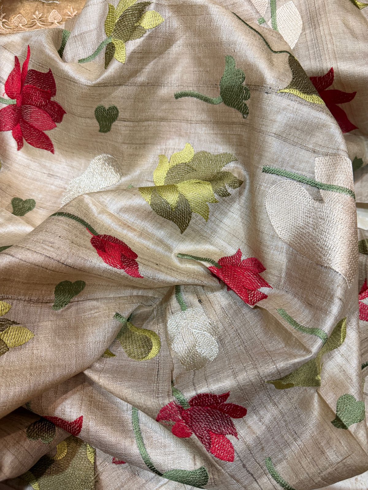 Banarasi Soft Tissue Embroidery Silk Saree With Tussar Border
