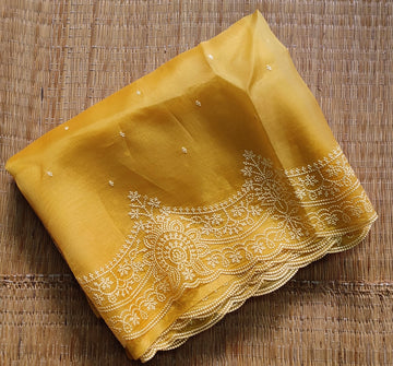 Pure Organza Silk Saree with Pearl Style Scallop Edging Embroidery Work All Over