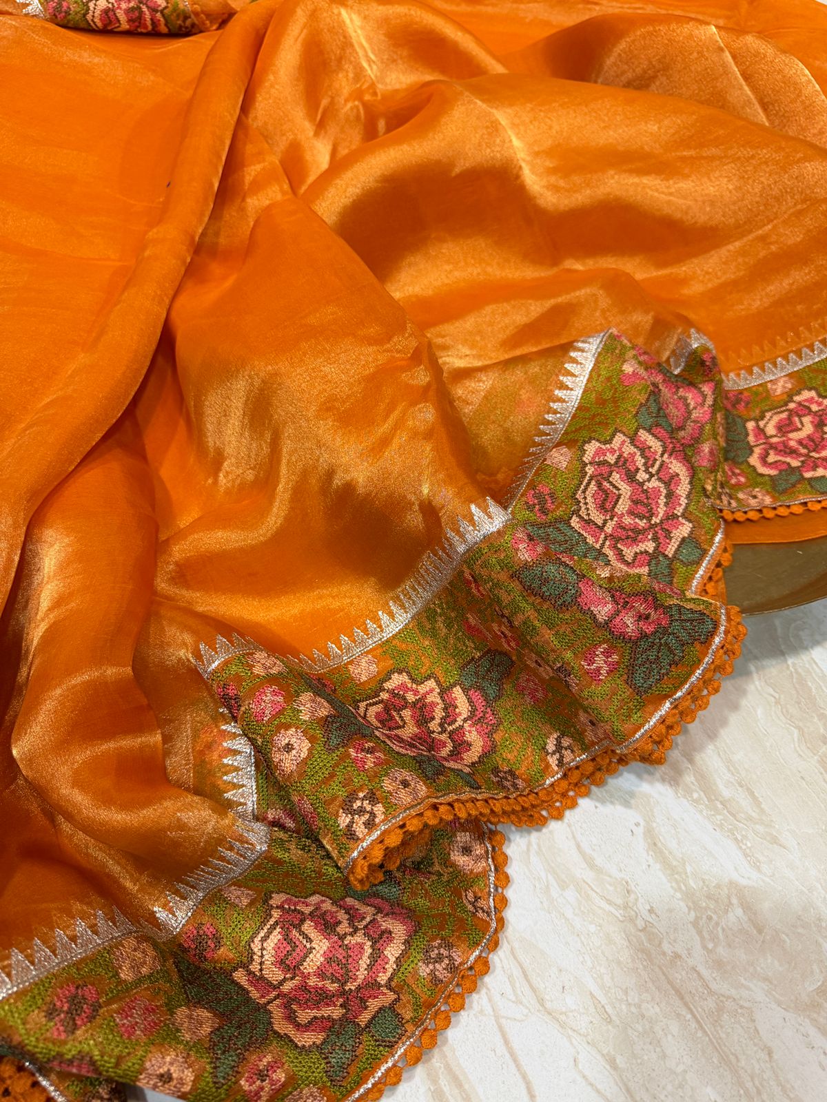 Banarasi Soft Tissue Silk Saree With Cross Stitch Embroidery Border