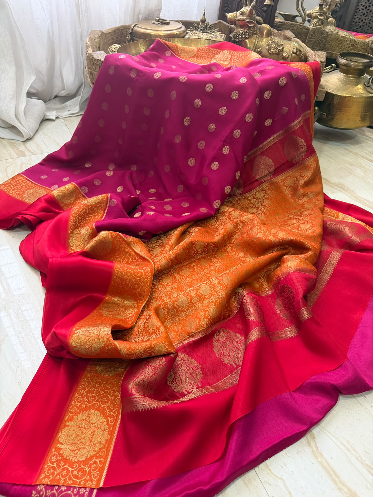 Mysore Brocade Crepe Silk Saree with Zari Weave | 3-Color Dye