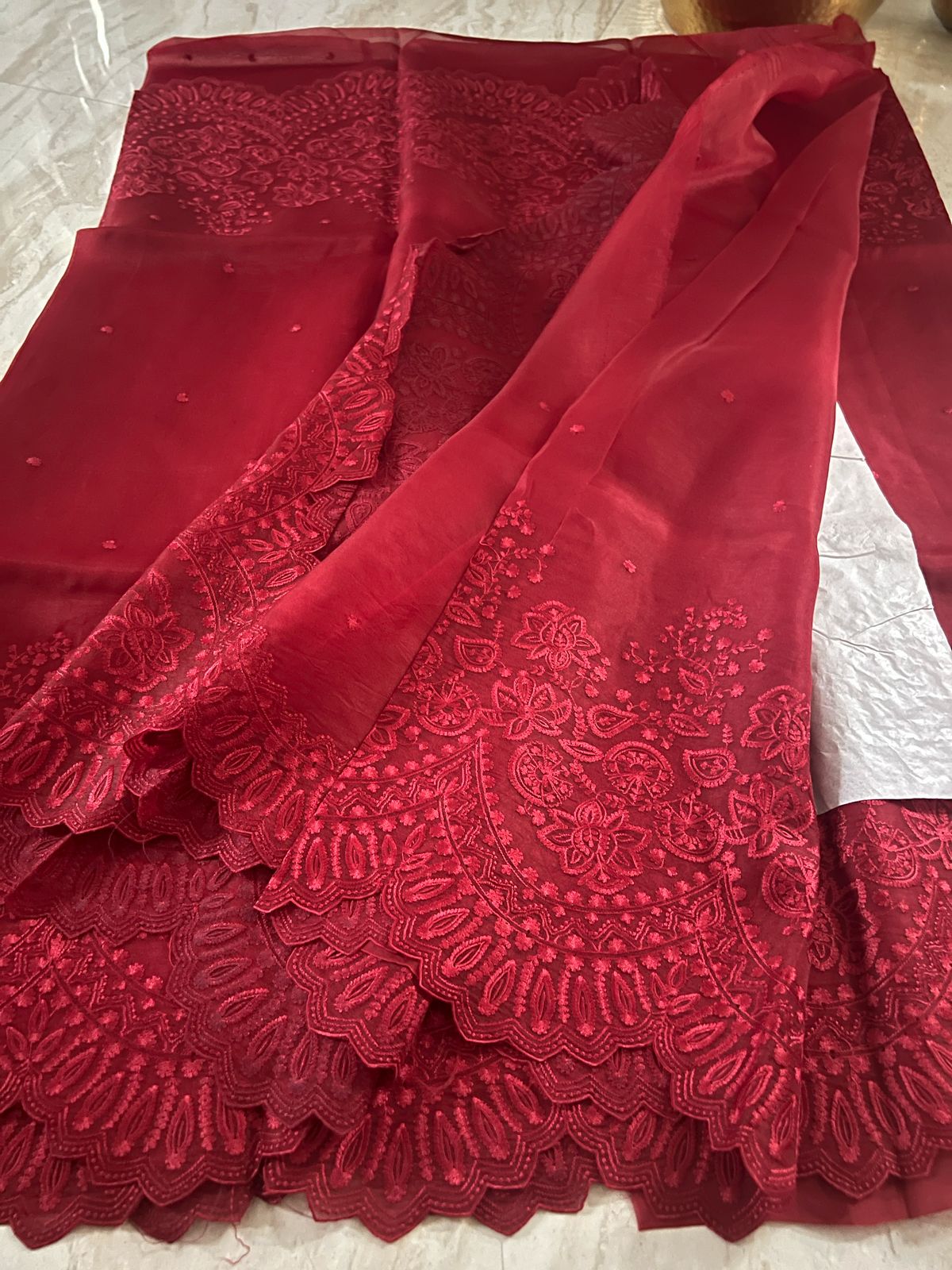Pure Organza Silk Embroidery Torani Cutwork Scallop Border