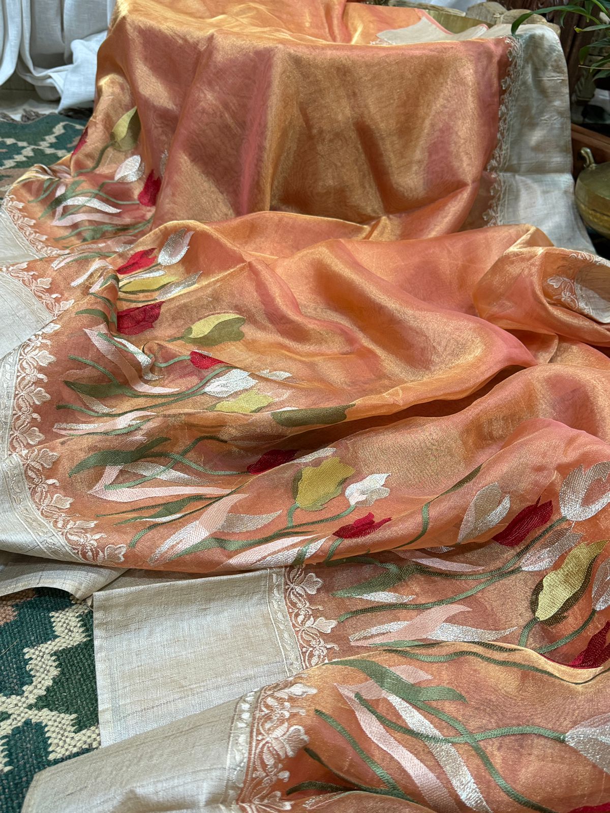 Banarasi Soft Tissue Embroidery Silk Saree With Tussar Border