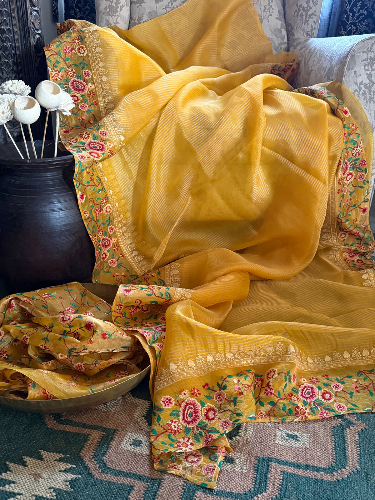 Banarasi Soft Tissue Silk Saree With Cross Stitch Embroidery Border