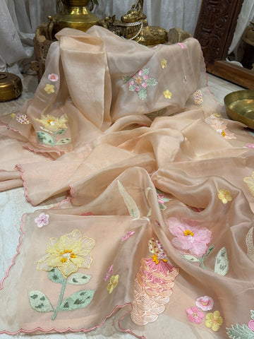 Organza Silk Saree With Appliqué Work With Embroidery