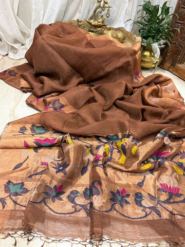 Pure Handloom Linen Silk Tissue Border and Pallu with Paithani Weave
